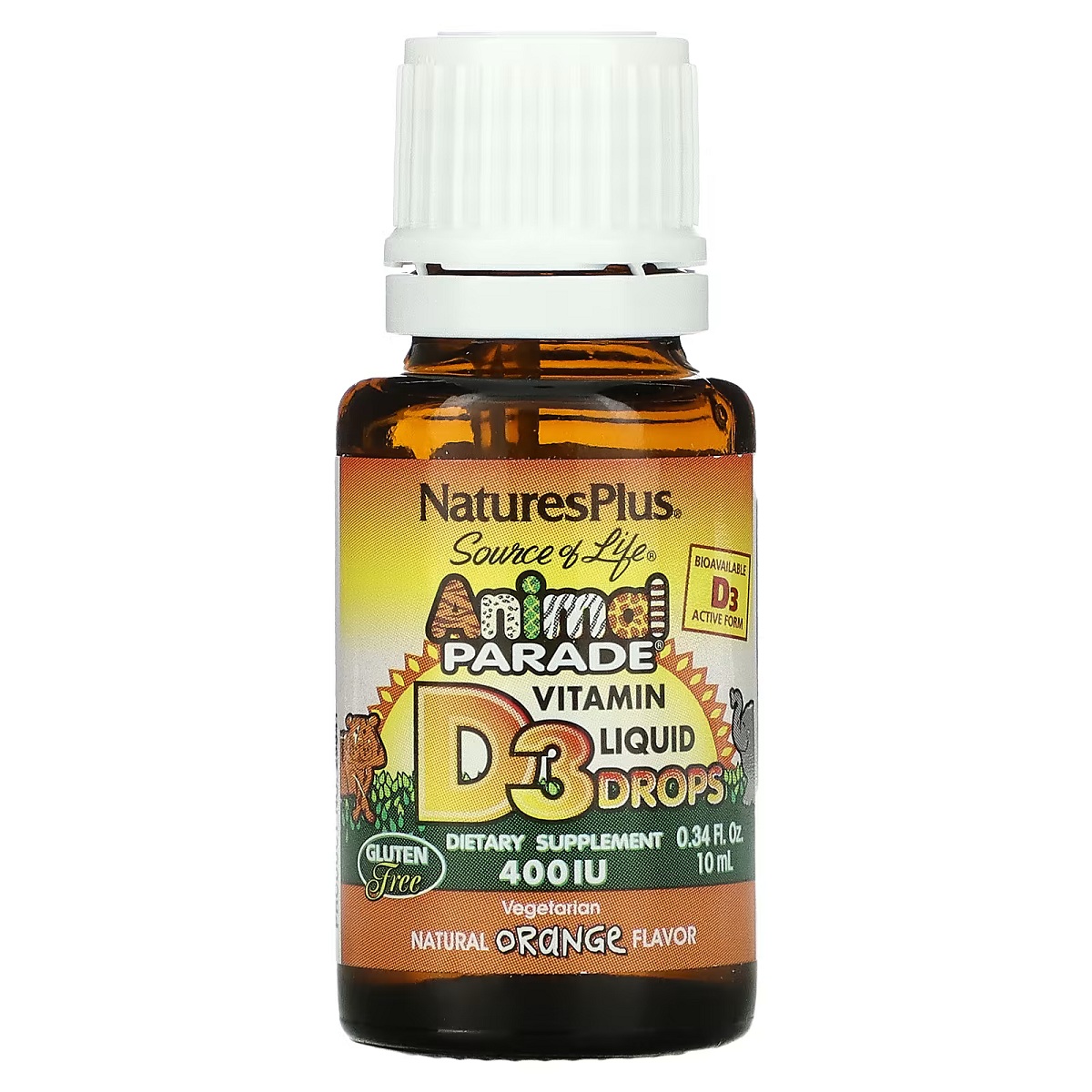 Витамин D3 Nature's Plus Vitamin D3 Liquid Drops Animal Parade для детей со вкусом апельсина 400 МЕ 10 мл капли - фото 1