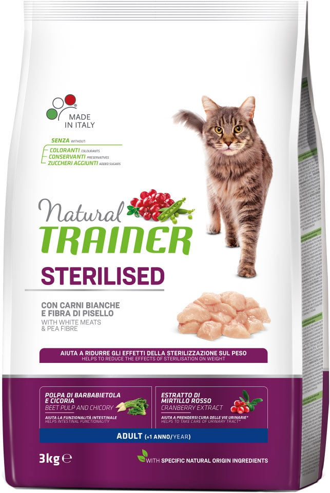 Сухий корм для стерилізованих кішок і кастрованих котів Trainer Natural Super Premium Adult Sterilised with fresh White Meats, зі свіжим білим м'ясом, 3 кг - фото 1