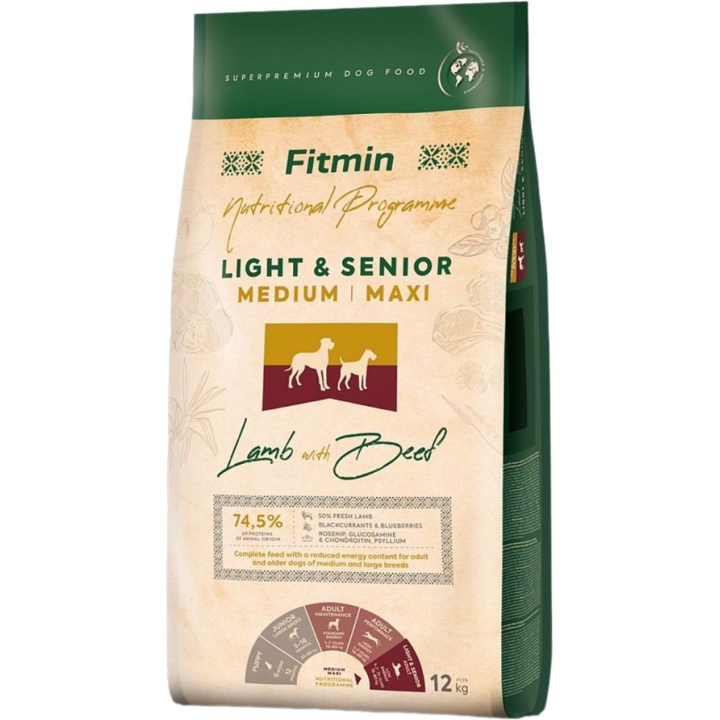 Сухий корм для собак Fitmin Nutrition Programme Medium/Maxi Light & Senior Lamb with Beef 12 кг - фото 1