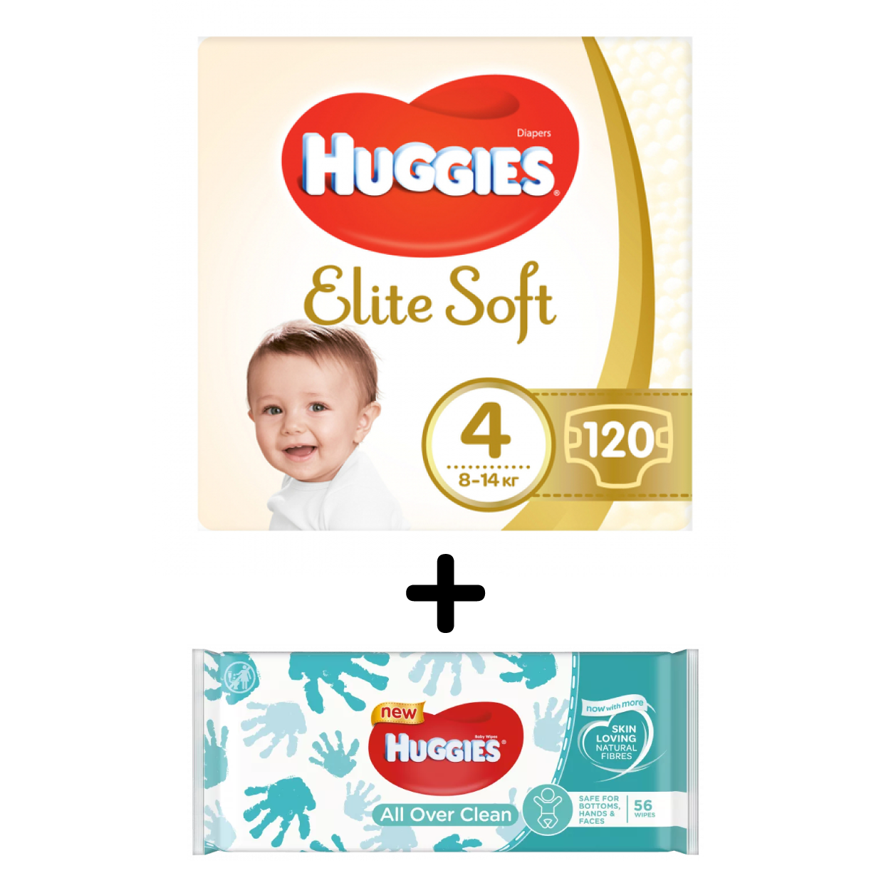 Набір Huggies: Підгузки Huggies Elite Soft 4 (8-14 кг), 120 шт. + Вологі серветки Huggies All Over Clean, 56 шт. - фото 1