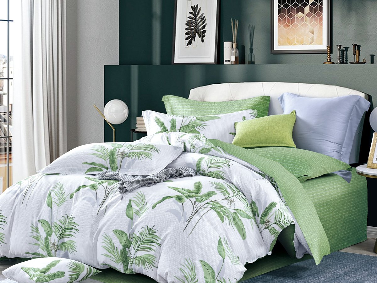 Комплект постельного белья Ecotton, твил-сатин, семейный, 210х147 см, белый с зеленым (23366) - фото 1