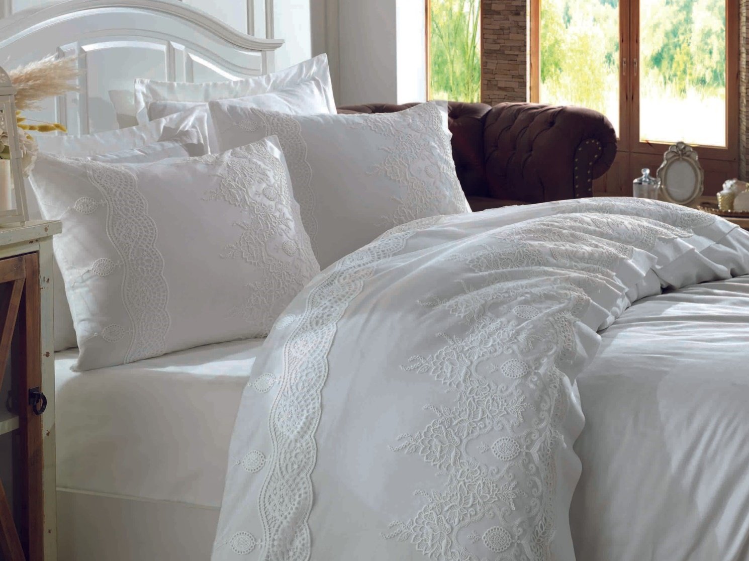 Комплект постельного белья Dantela Vita Duru с кружевом и покрывалом пике евро (svt-2000022312714) - фото 1