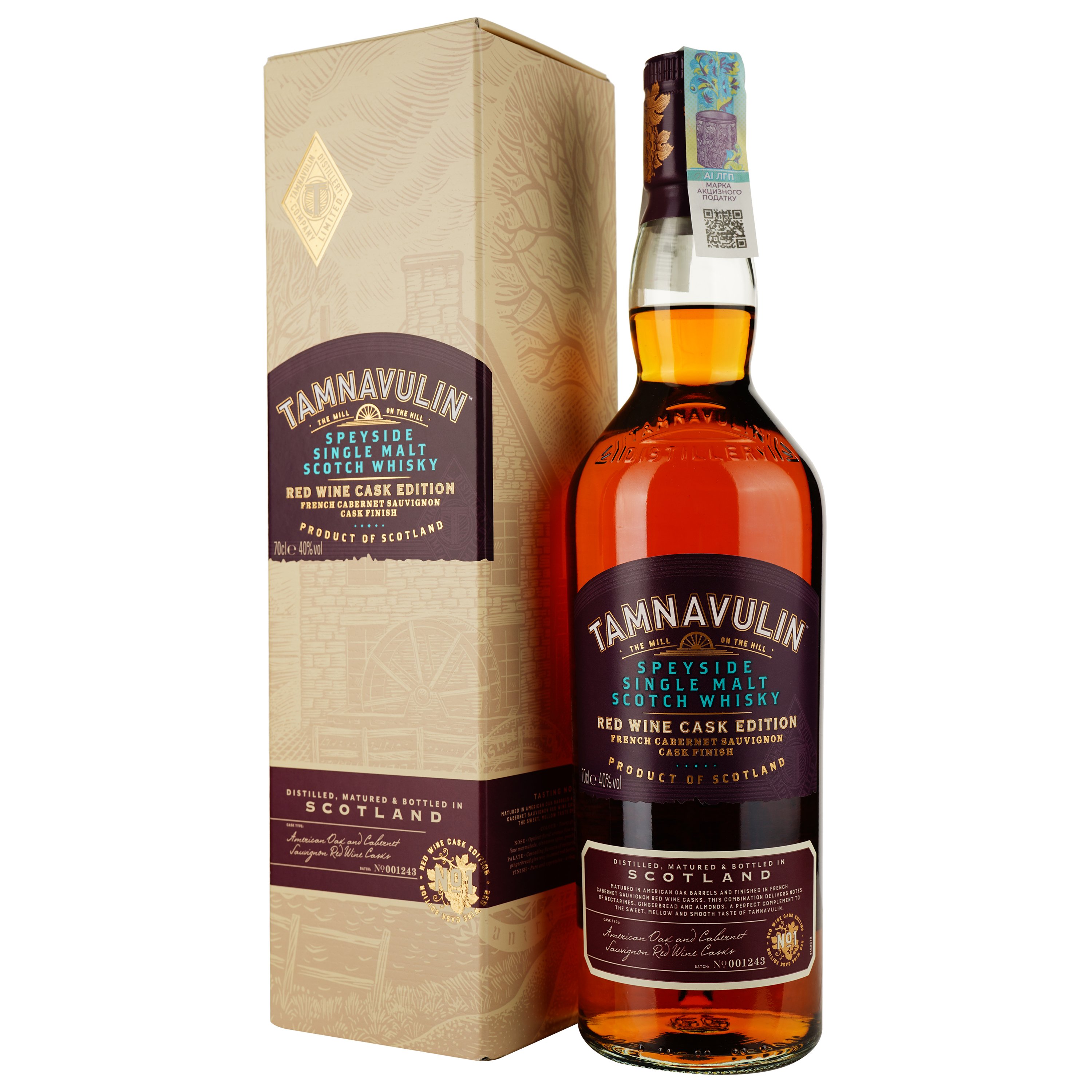 Виски Tamnavulin Cabernet Sauvignon Cask Single Malt Scotch Whisky 40% 0.7 л в подарочной упаковке - фото 1