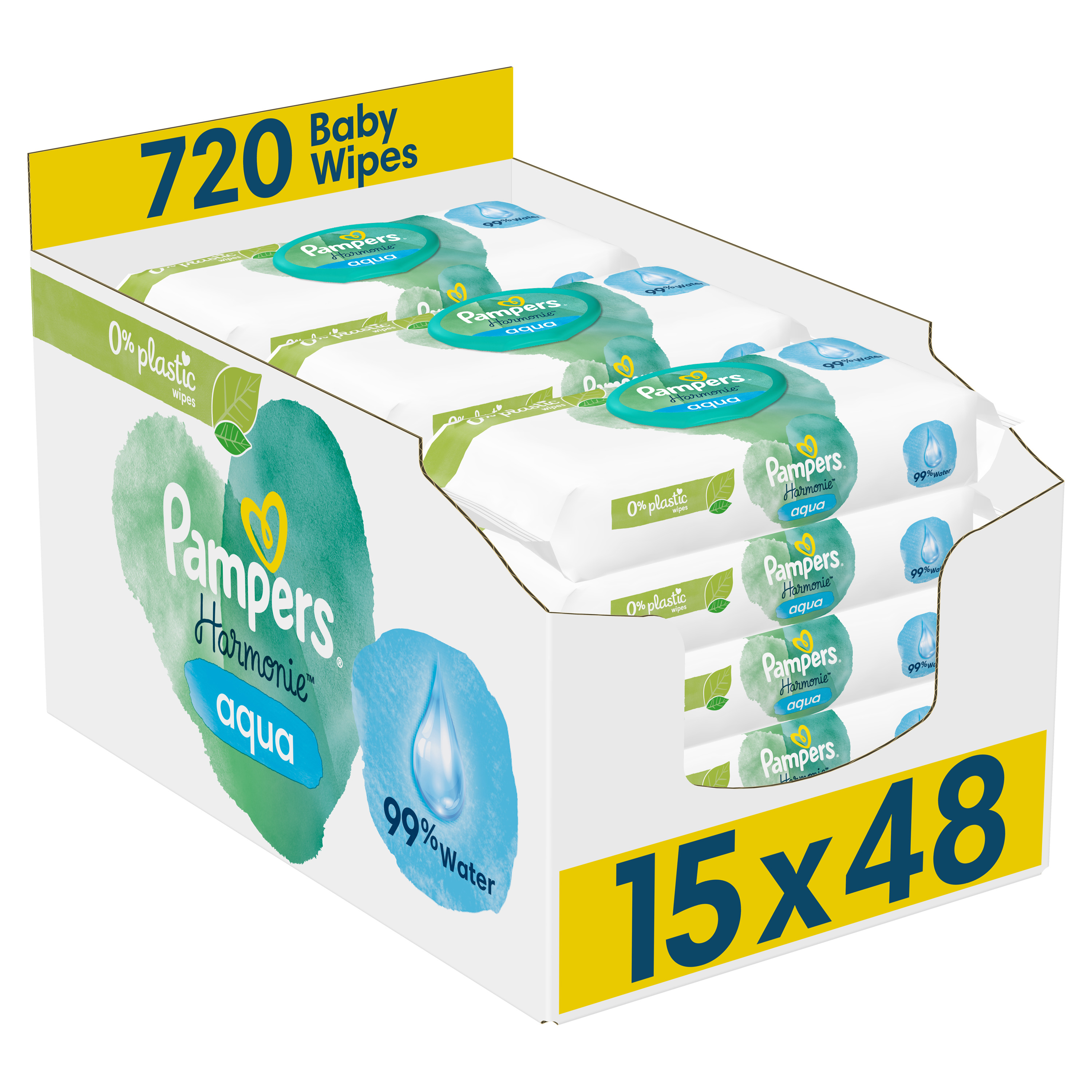 Детские влажные салфетки Pampers Harmonie Aqua 720 шт. (15 уп. по 48 шт.) - фото 1