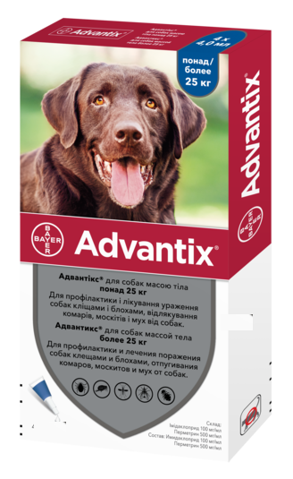 Капли Bayer Адвантикс от блох и клещей, для собак от 25 до 40 кг, 1 пипетка - фото 1