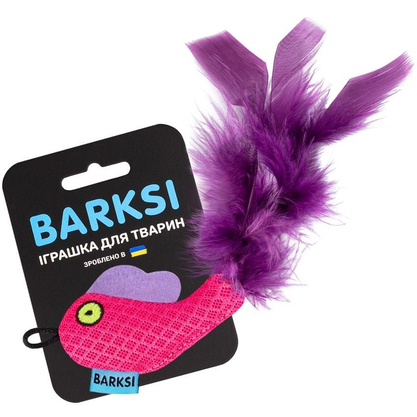 Игрушка для кошек Barksi Рыбка с колокольчиком и перьями 8х5 см розовая - фото 2
