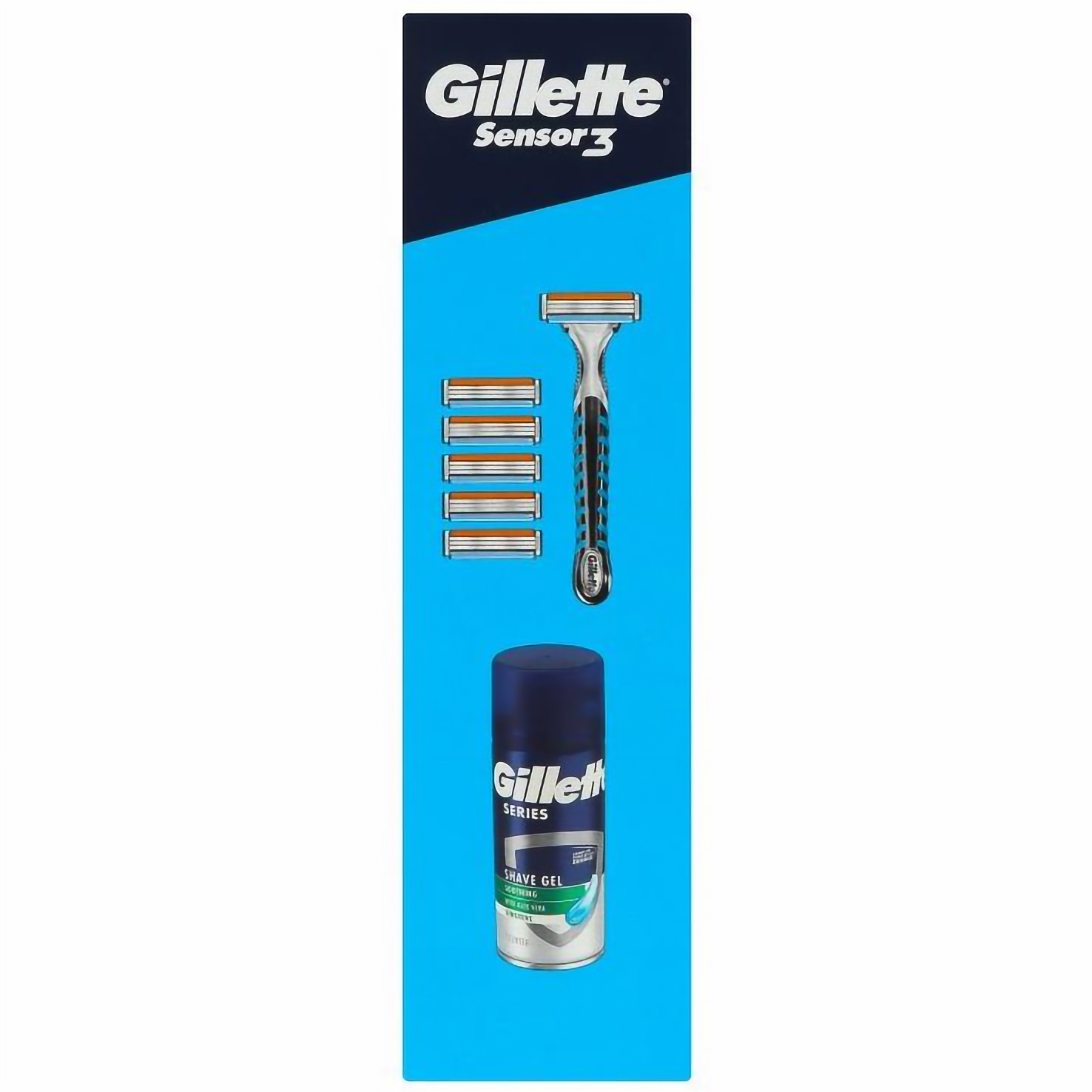 Подарунковий набір для чоловіків Gillette: бритва Sensor3 + змінні катриджі для гоління 5 шт. + гель для гоління Series Sensitive 75 мл - фото 4