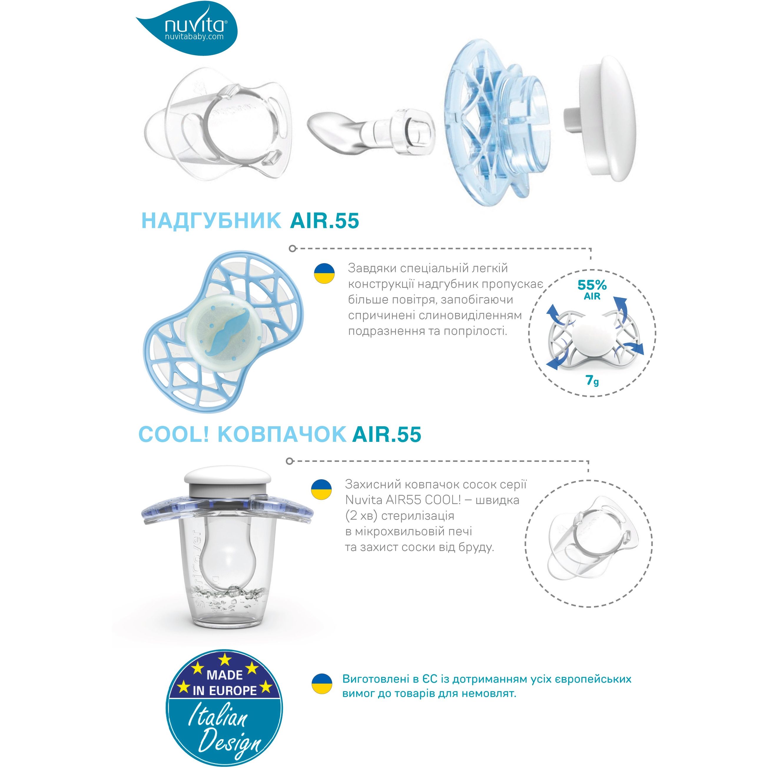 Силіконова симетрична пустушка Nuvita Air55 Cool Вуса, світиться в темряві, 6-12 міс., блакитний (NV7085GDB) - фото 5