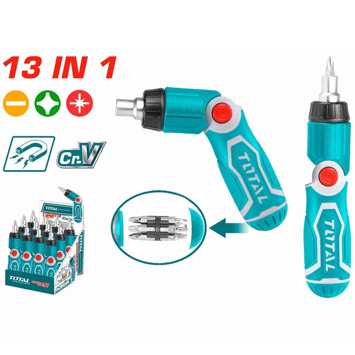 Отвертка Total с реверсом и сменными насадками 12 шт. (TACSD30136) - фото 1