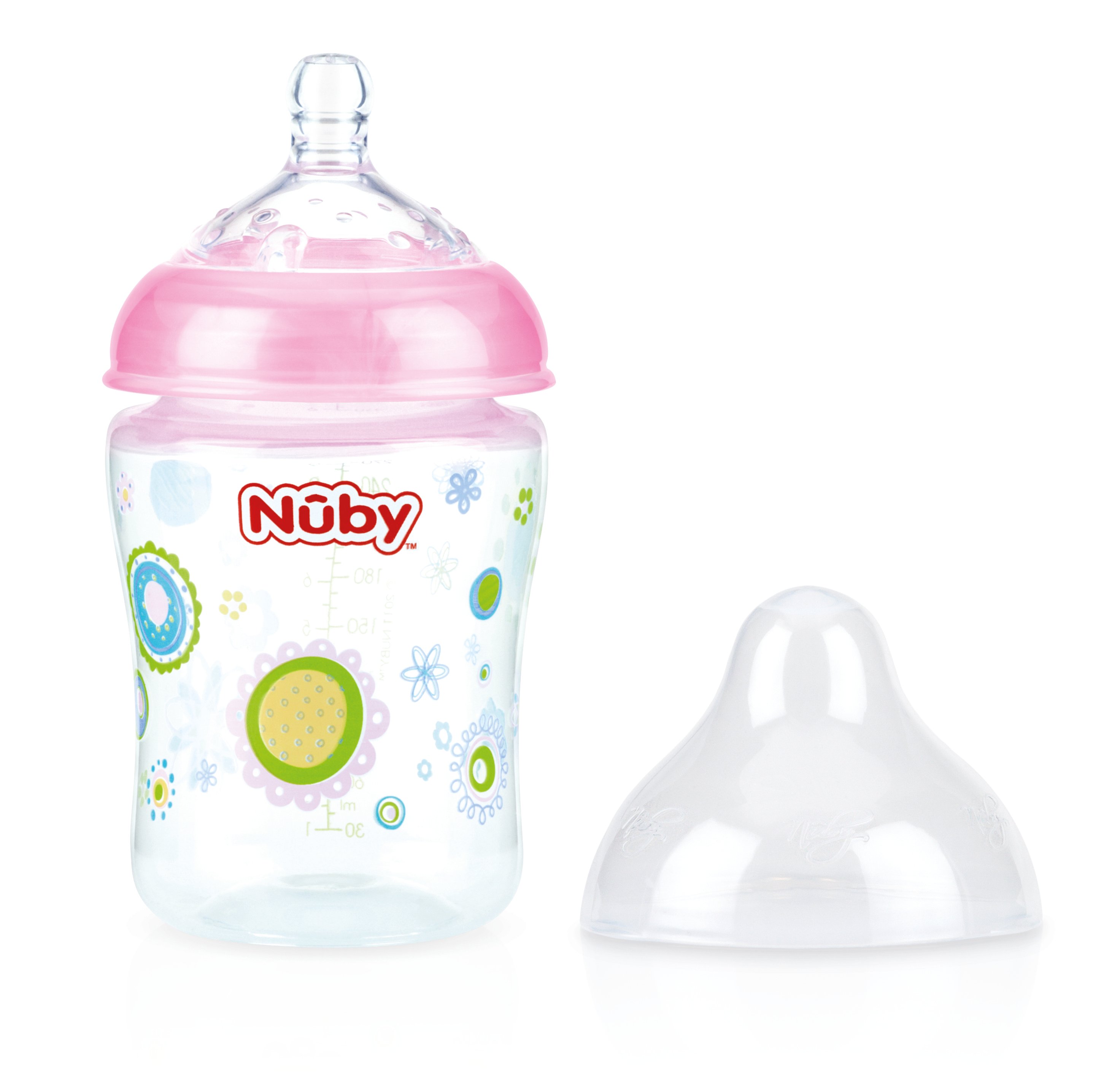Пляшечка поліпропіленова Nuby непроливайка, широке горлечко, повільний потік, 180 мл, рожевий, 0+ (1193pnkflwrs) - фото 1