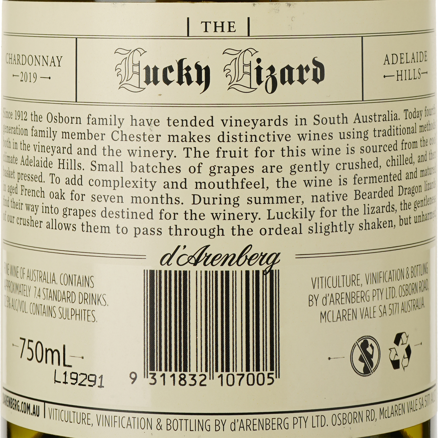 Вино d'Arenberg The Lucky Lizard, біле, сухе, 13,5%, 0,75 л (50687) - фото 3