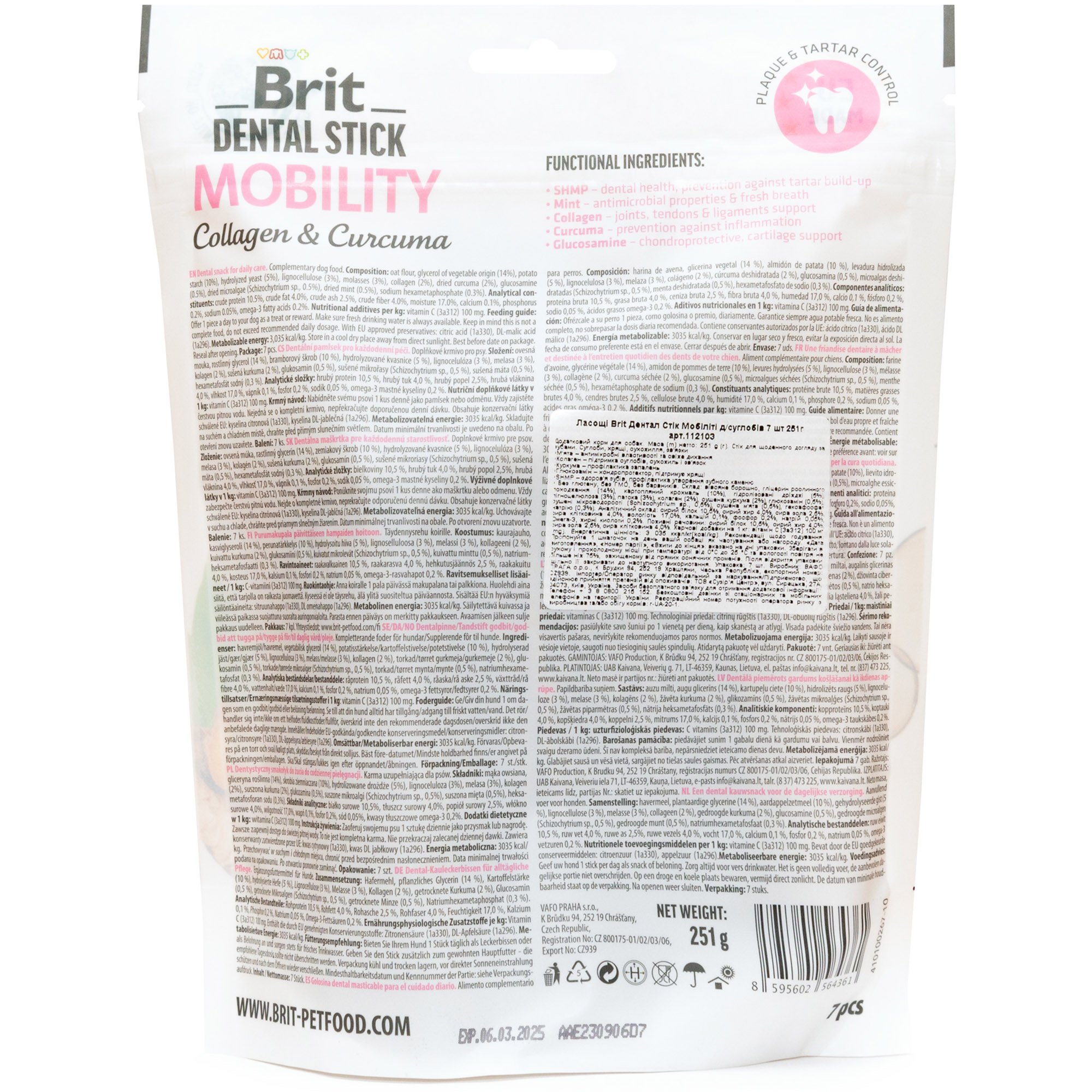Ласощі для собак Brit Dental Stick Mobility для мобільності суглобів, колаген та куркума 7 шт. 251 г - фото 2