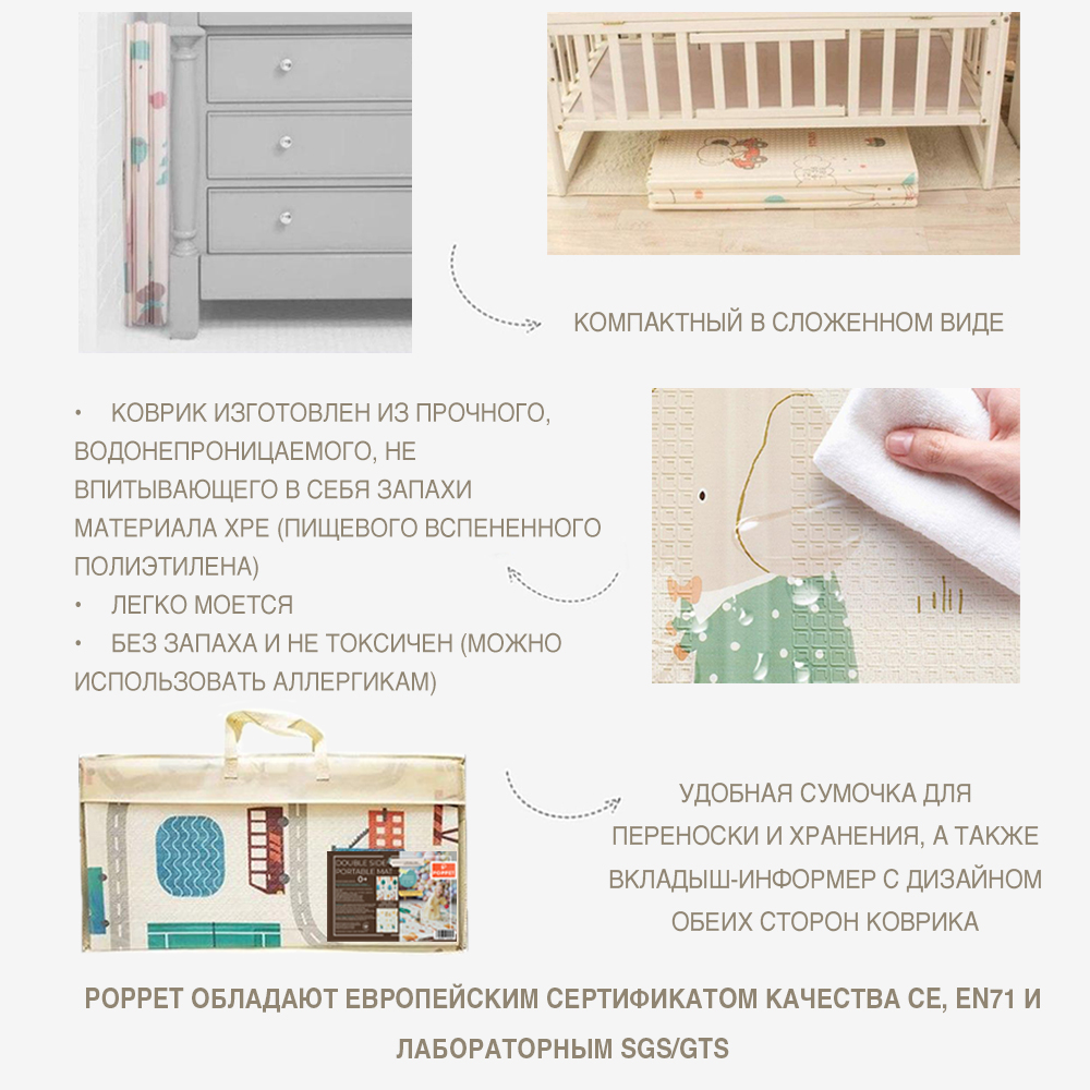 Дитячий двосторонній складний килимок Poppet Спальні малюки та Чарівне місто, 200x180x1 см (PP011-200) - фото 5