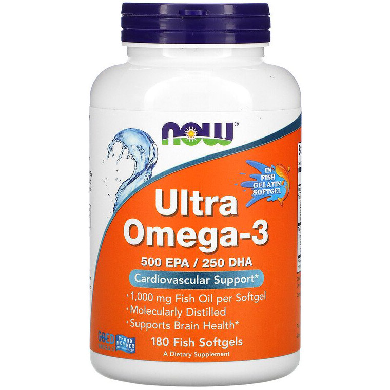 Жирные кислоты Now Ultra Omega-3 500 EPA / 250 DHA 180 капсул из рыбьего желатина - фото 1