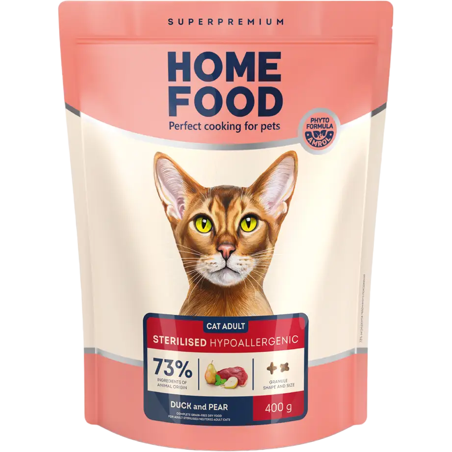 Беззерновой гипоаллергенный сухой корм для стерилизованных кошек и кастрированных котов Home Food Adult, с утиным филе и грушей, 400 г - фото 1