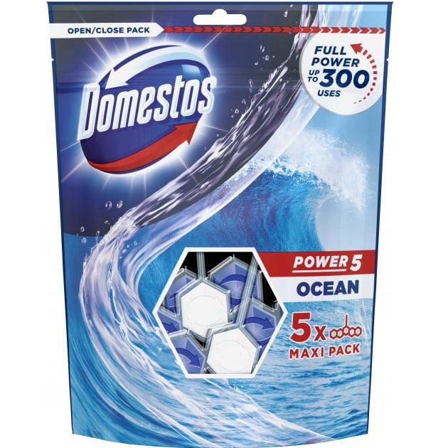 Блоки для чистки унитаза Domestos Power 5 Макси Свежесть океана, 275 г (5 шт по 55 г) - фото 1