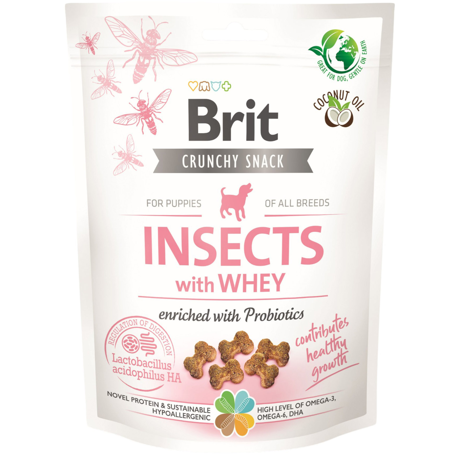 Лакомство для щенков Brit Care Dog Crunchy Snack Puppy Insects with Whey для роста, насекомые, сыворотка и пробиотики 200 г - фото 1