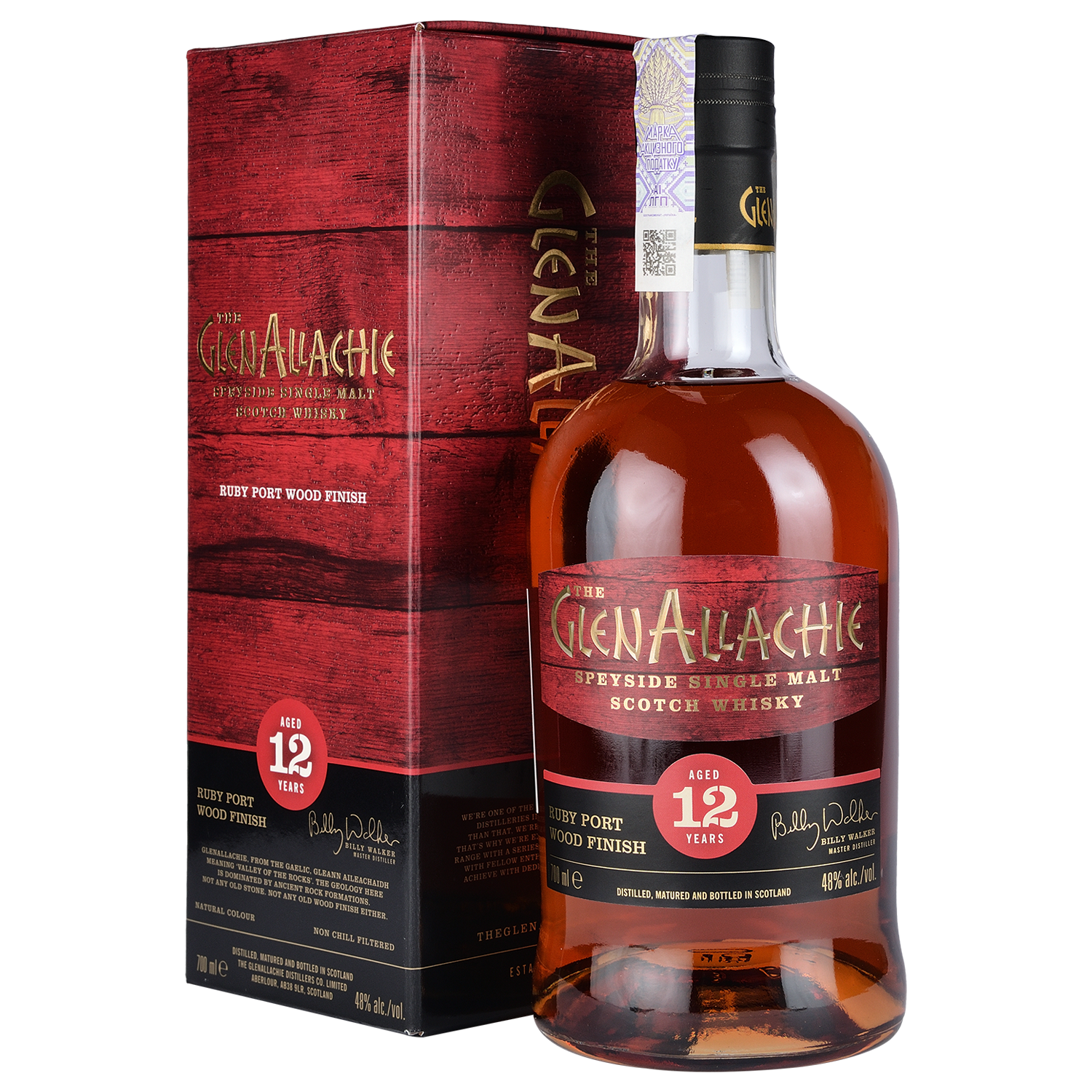 Виски GlenAllachie Single Malt Scotch Whisky Ruby Port Wood Finish 12 yo, в подарочной упаковке, 48%, 0,7 л - фото 1