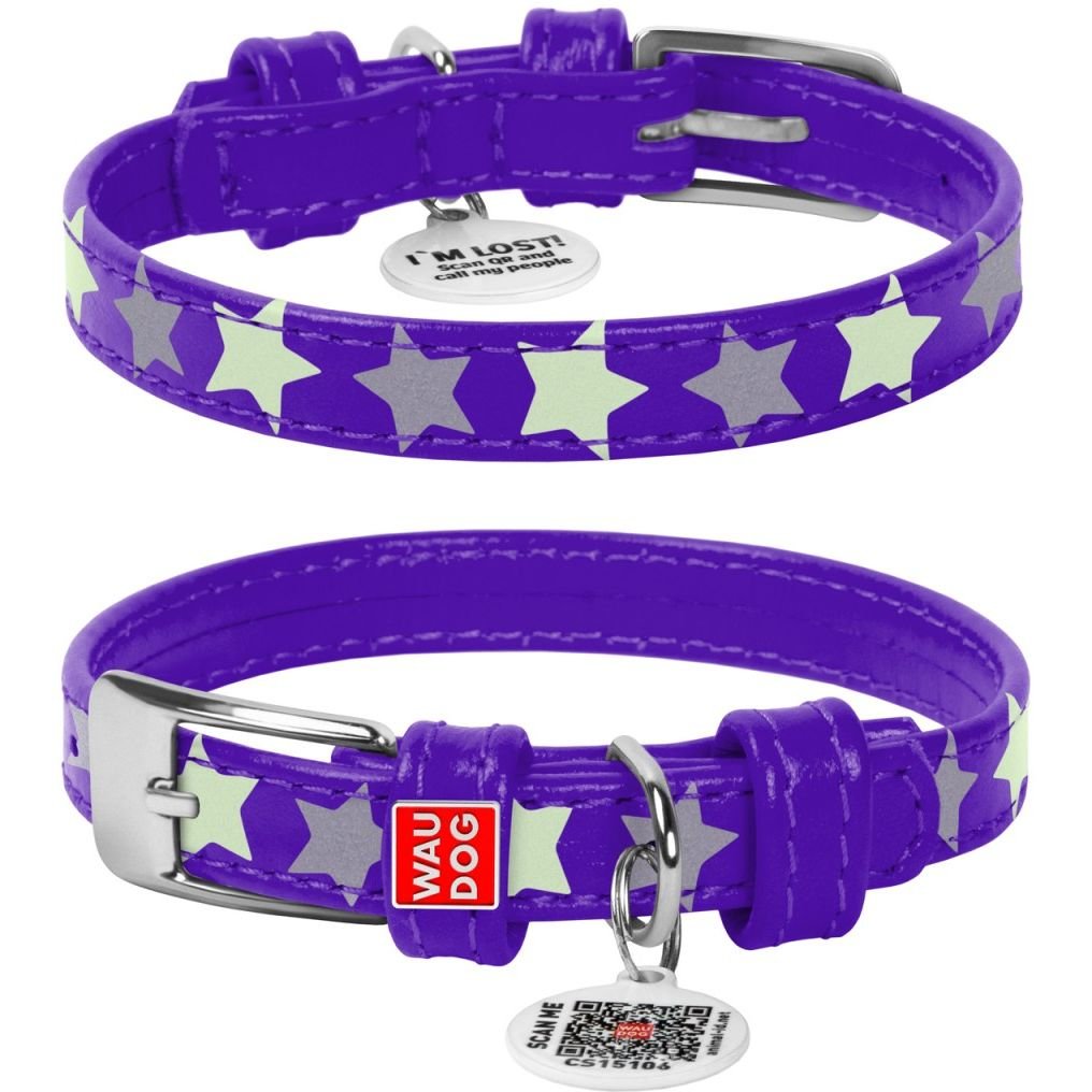 Ошейник для собак Waudog Glamour Звездочка, кожаный, светоотражающий, светонакапливающий, с QR паспортом, XXS, 19-25х1,2 см, фиолетовый - фото 3
