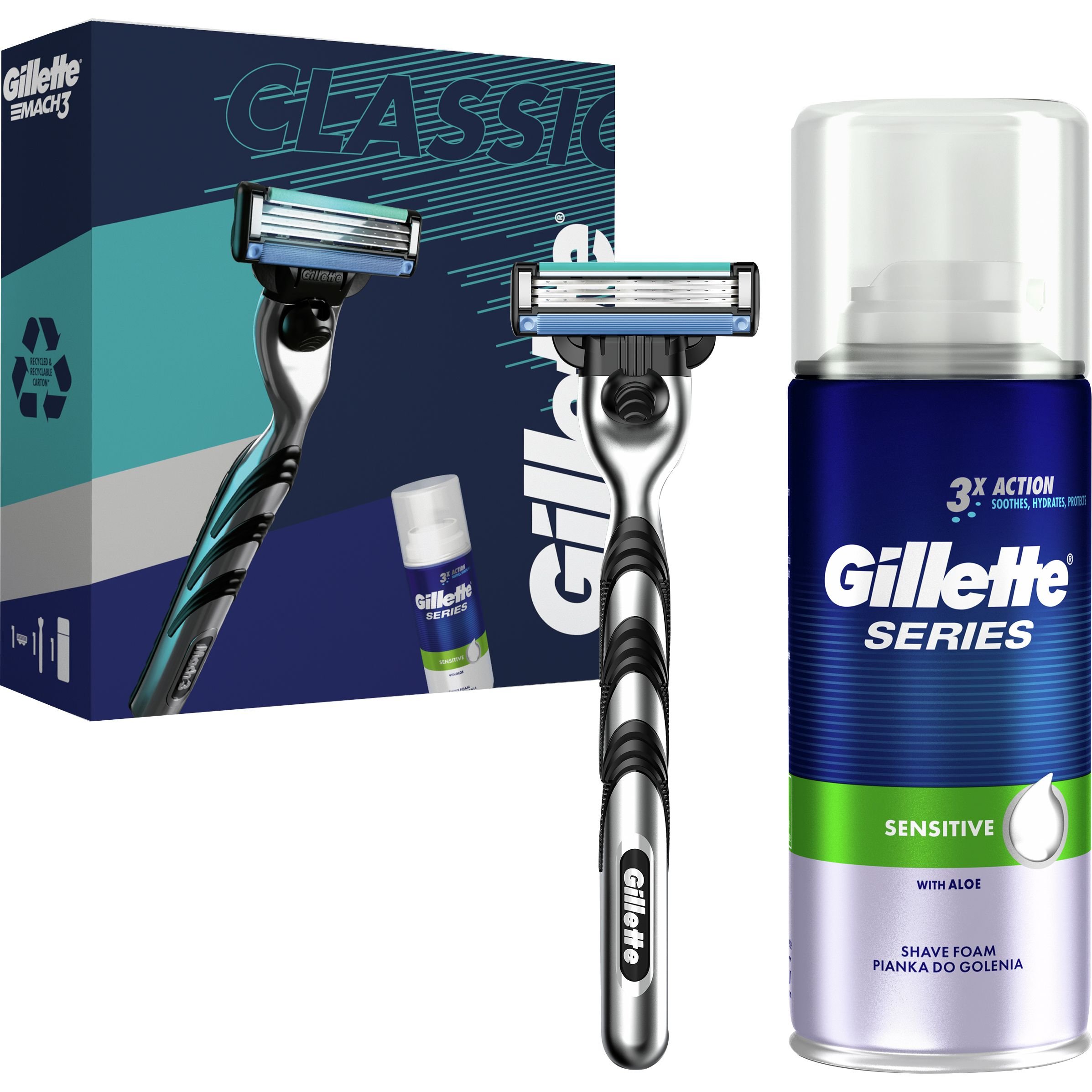 Подарочный набор Gillette: Бритва Mach3 с 1 сменной кассетой + Пена для бритья Sensitive Skin Shave Foam For Men 100 мл - фото 1