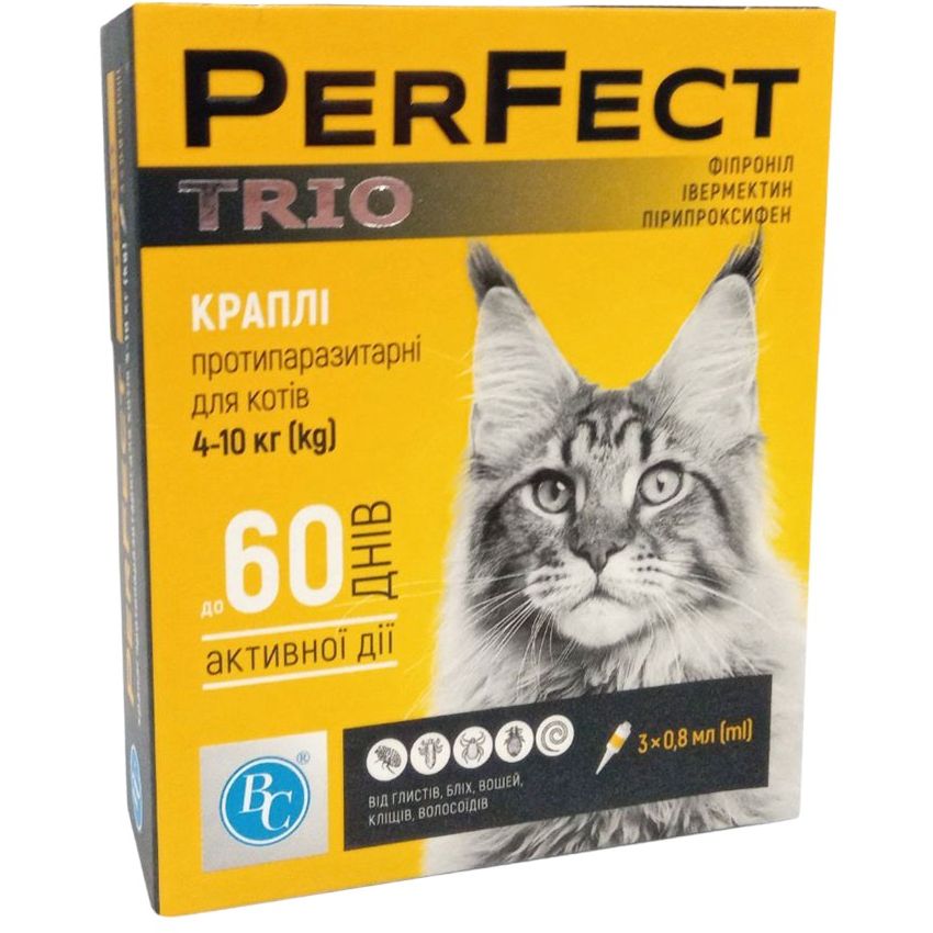 Капли для кошек Ветсинтез PerFect Trio 4-10 кг 0.8 мл 3 шт. - фото 1