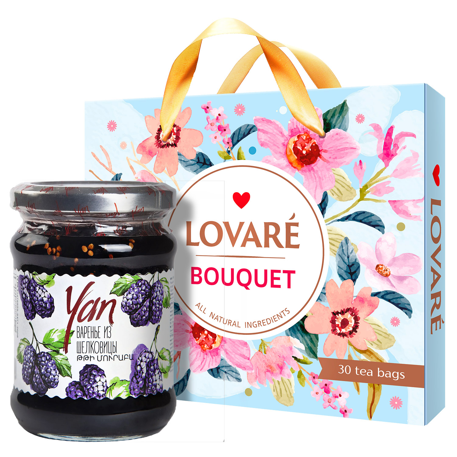 Набор: Коллекция чая Lovare Bouquet 60 г (30 шт. х 2 г) + Варенье Yan из шелковицы 300 г - фото 1