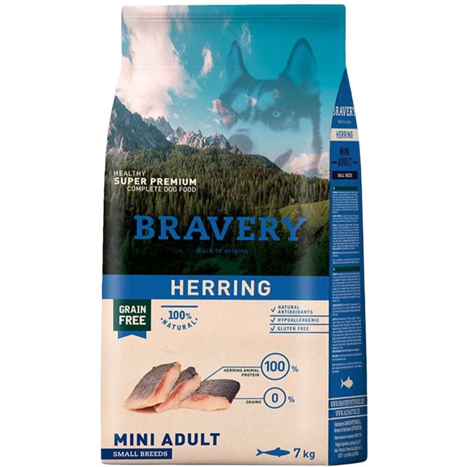 Сухой корм для взрослых собак мелких пород Bravery Herring Mini Adult, с сельдью, 7 кг - фото 1