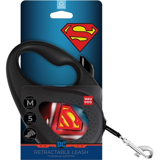 Повідець-рулетка для собак Waudog R-leash Супермен Лого, світловідбиваючий, M, до 25 кг, 5 м, чорний - фото 3