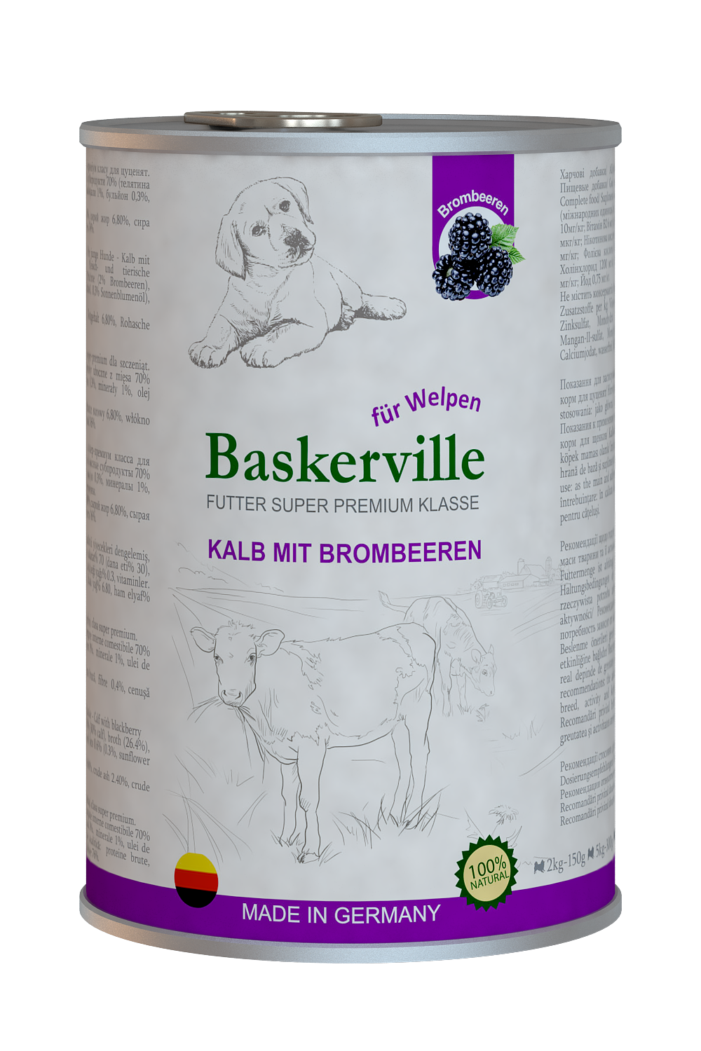 Влажный корм для щенков Baskerville Super Premium Kalb Mit Brombeeren Телятина и ежевика, 800 г - фото 1