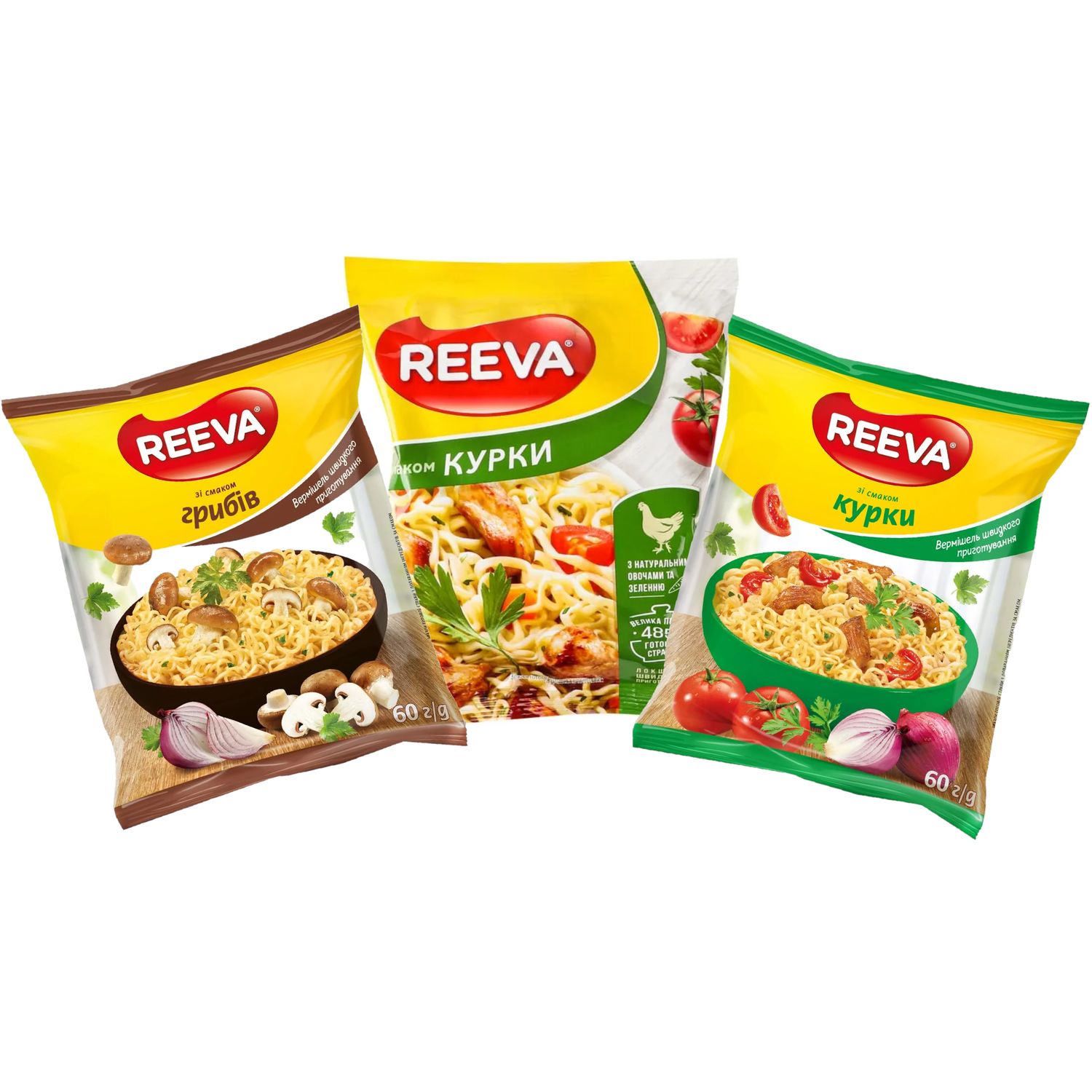 Набор: вермишель Reeva быстрого приготовления со вкусом курицы 60 г + со вкусом грибов 60 г + со вкусом курицы 85 г - фото 1