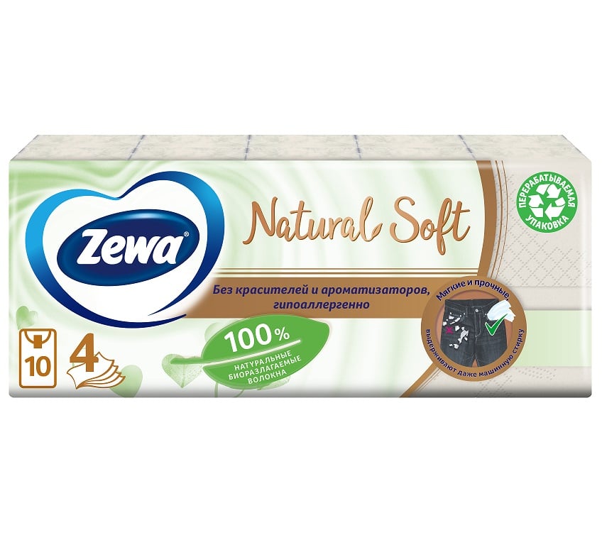 Носовые платочки Zewa Natural Soft, четырехслойные, 10 уп. по 9 шт. - фото 1