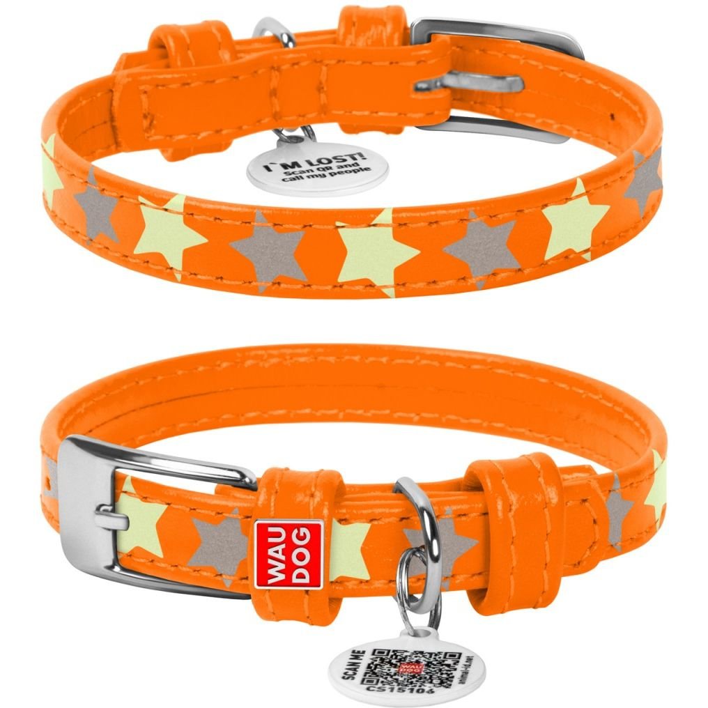 Нашийник для собак Waudog Glamour Зірочка, шкіряний, світловідбивний, світлонакопичуючий, з QR паспортом, S, 27-36х1,5 см, помаранчевий - фото 3