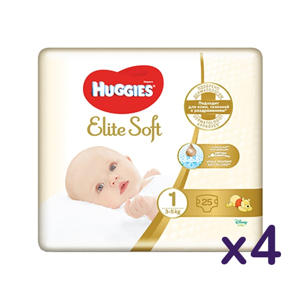 Набір підгузків Huggies Elite Soft 1 (3-5 кг), 100 шт. (4 уп. по 25 шт.) - фото 2