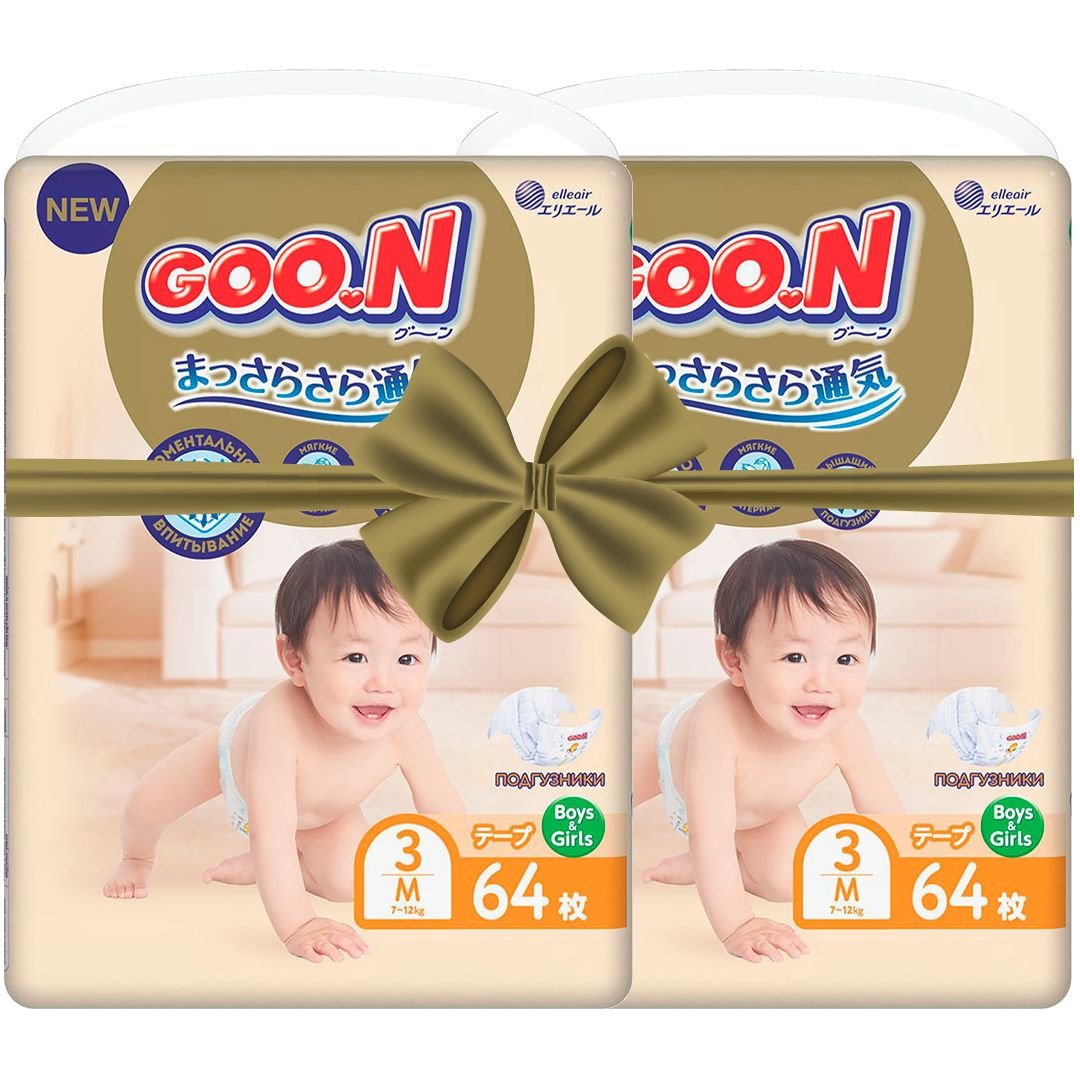 Подгузники на липучках Goo.N Premium Soft 3 (7-12 кг), 128 шт. (2 уп. х 64 шт.) - фото 1