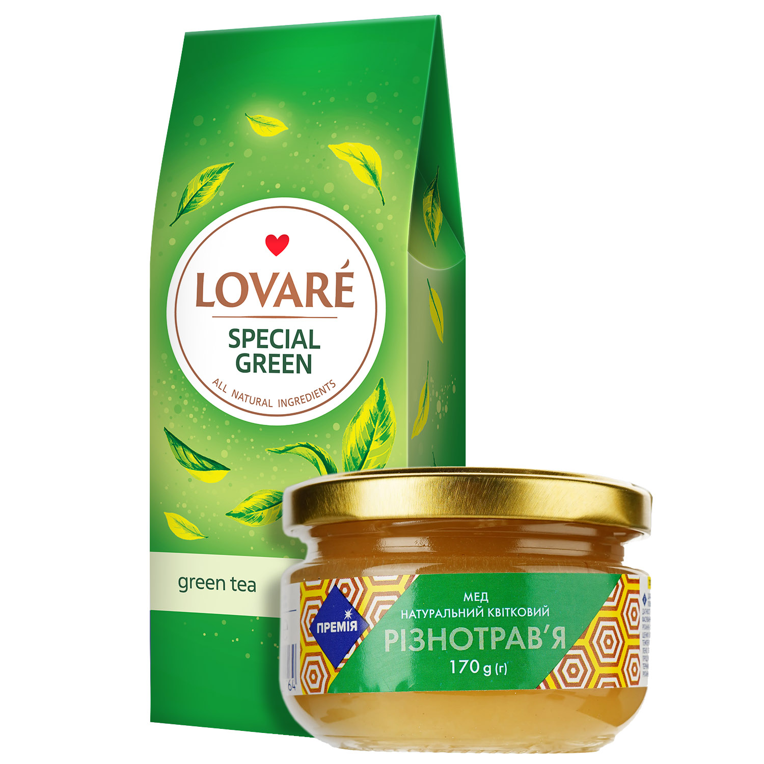 Набор: Чай зеленый Lovare Special Green 80 г + Мед Премія Разнотравье натуральный цветочный 170 г - фото 1