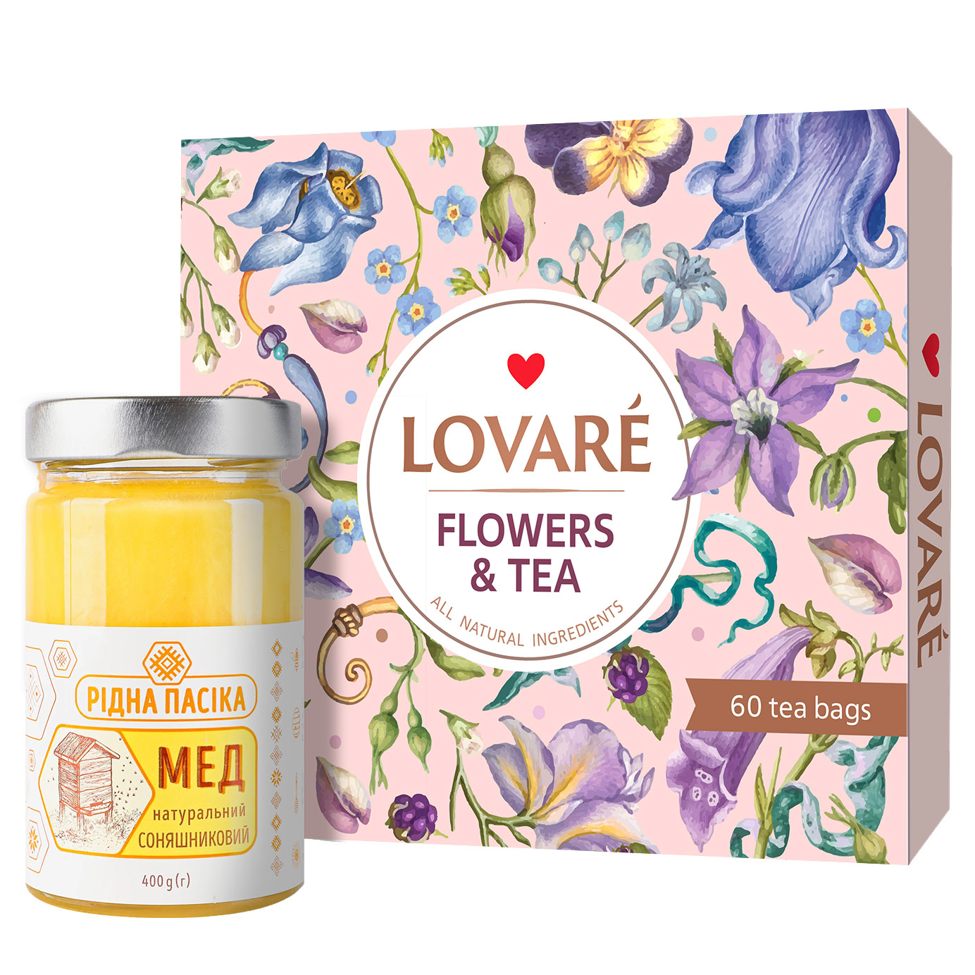 Набір: Колекція чаю Lovare Flowers&Tea 12 видів 102.5 г 60 шт. + Мед соняшниковий Рідна пасіка натуральний 400 г - фото 1