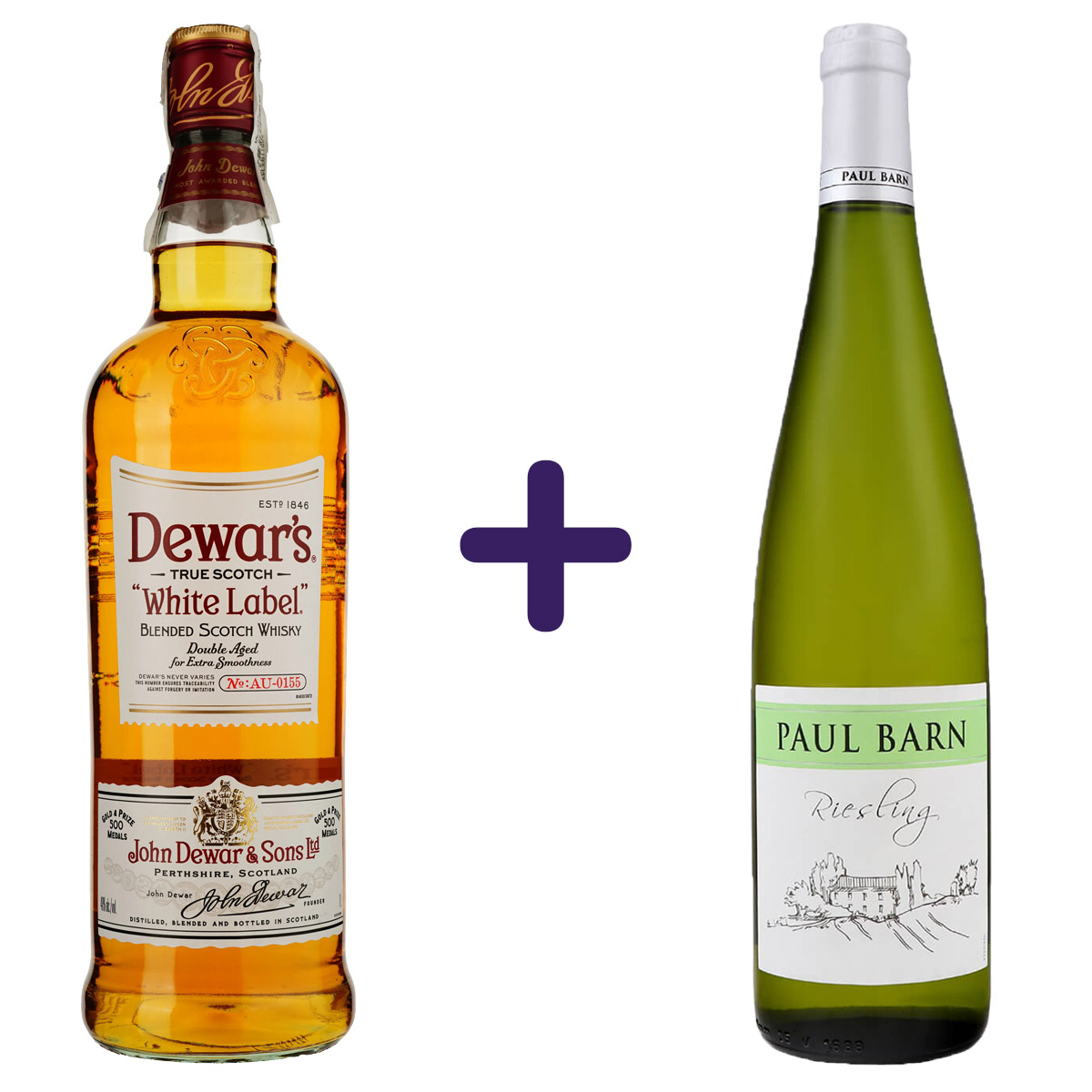 Набор: Виски Dewar's White Label Blended Scotch Whisky 40% 1 л + Вино Paul Barn Riesling Landwein Rhein белое полусладкое 0.75 л - фото 1