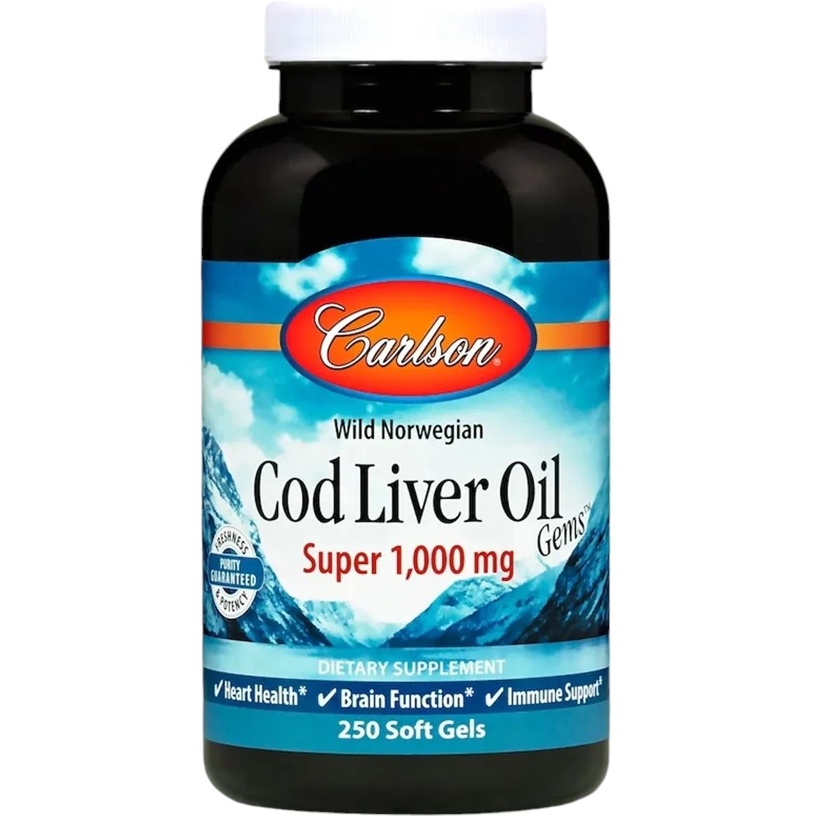 Жир із печінки норвезької тріски Carlson Cod Liver Oil 1000 мг 250 гелевих капсул - фото 1