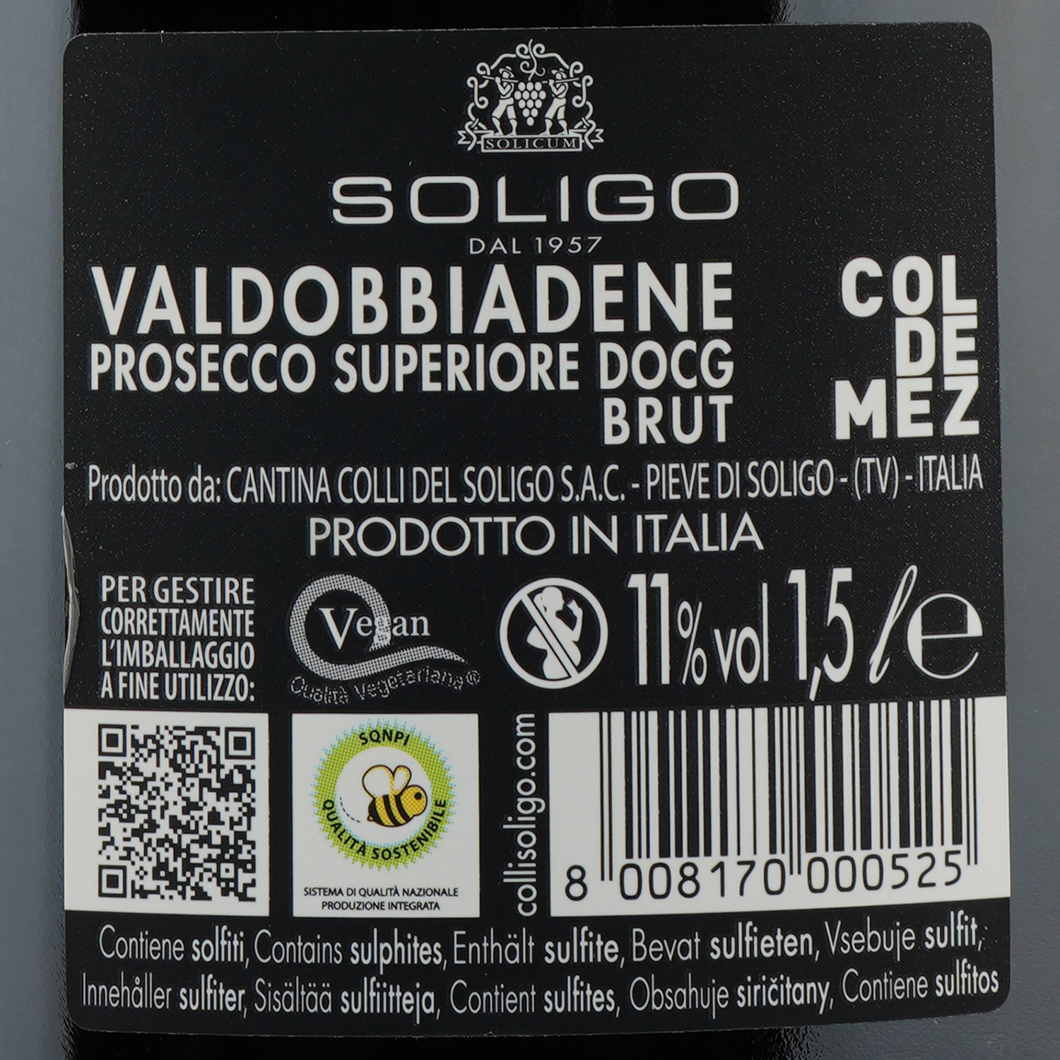 Ігристе вино Soligo Col de Mez Prosecco Valdobbiadene Brut, біле, брют, 11%, 1,5 л (53803) - фото 4