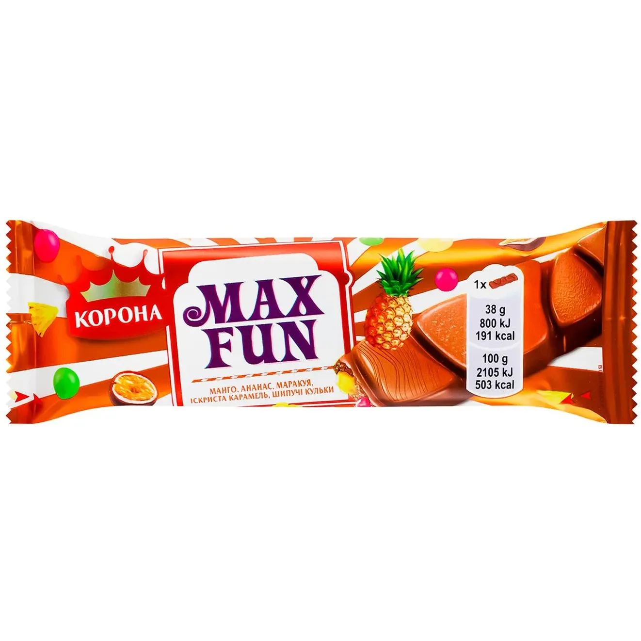 Шоколад молочний Корона Max Fun зі смаком манго, ананаса, маракуї, з шипучими рисовими кульками та вибуховою карамеллю 38 г - фото 1