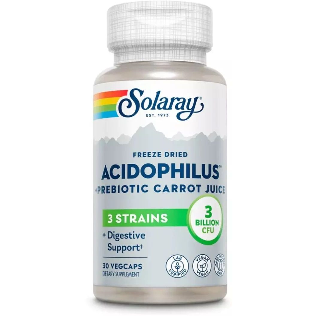 Ацидофилы, пробиотик и пребиотик морковного сока Solaray Acidophilus 3 Strain Probiotic & Prebiotic Carrot Juice 30 вегетарианских капсул - фото 1