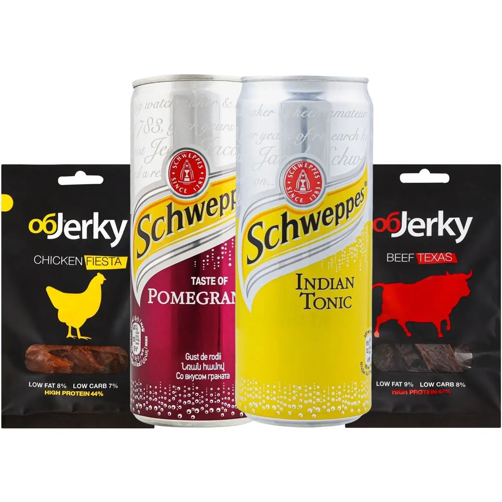 Набор: курятина Objerky Фиеста 25 г + говядина Objerky Техасская 25 г + напиток Schweppes Indian Tonic Water безалкогольный 330 мл + напиток Schweppes Pomegranate безалкогольный 330 мл - фото 1