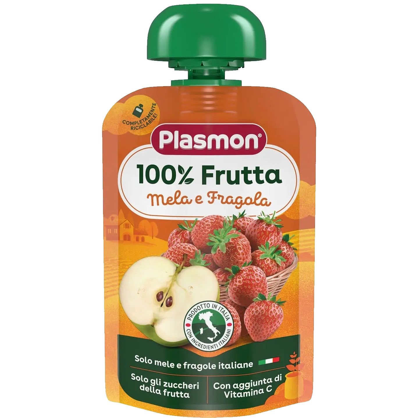 Пюре Plasmon Merenda 100% Frutta Яблуко та полуниця з вітамінами, 100 г - фото 1