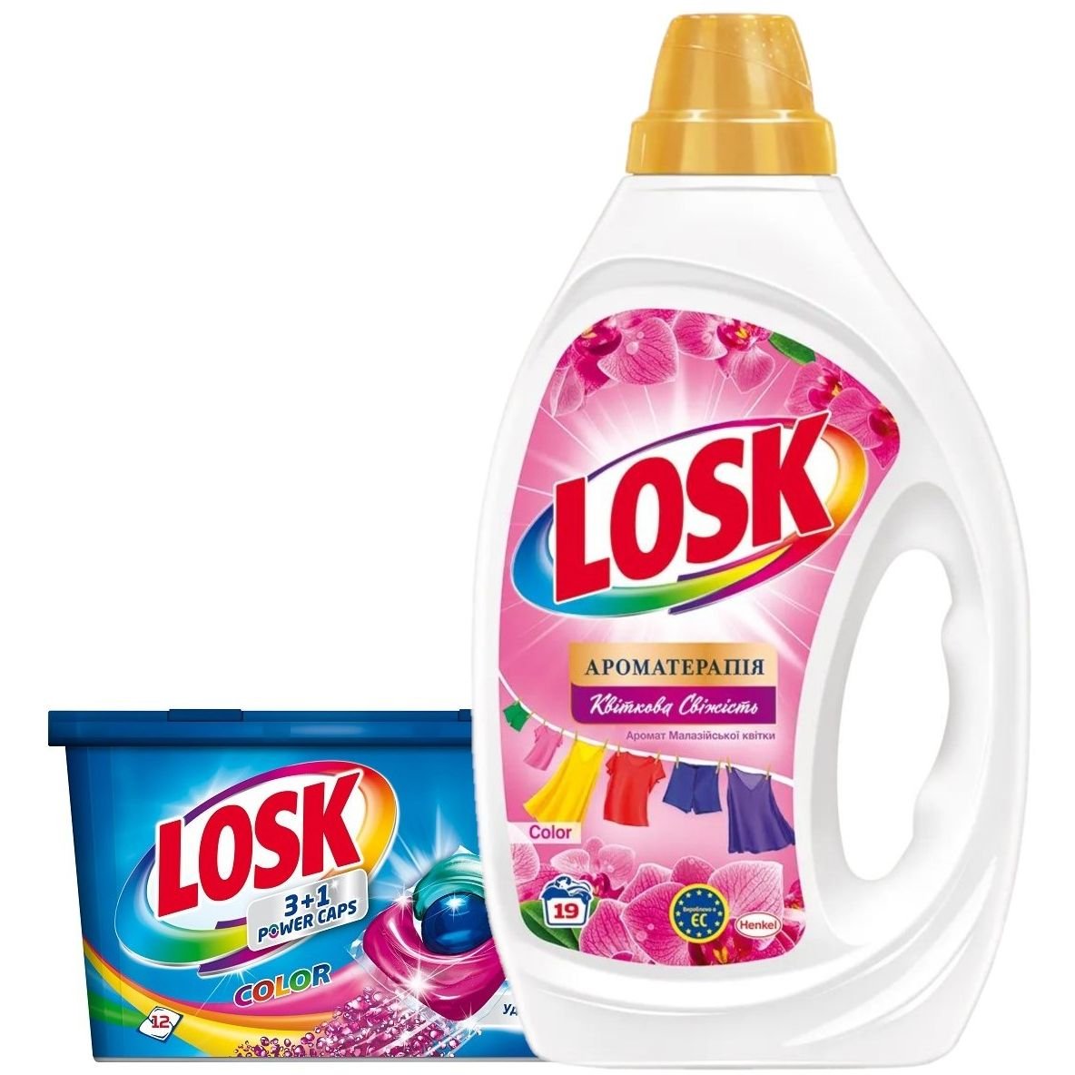 Набор Losk: Капсулы для стирки Losk Color 3в1, 12 шт. + Гель для стирки Losk Color Ароматерапия Эфирные масла и аромат Малайзийского цветка, 855 мл - фото 1