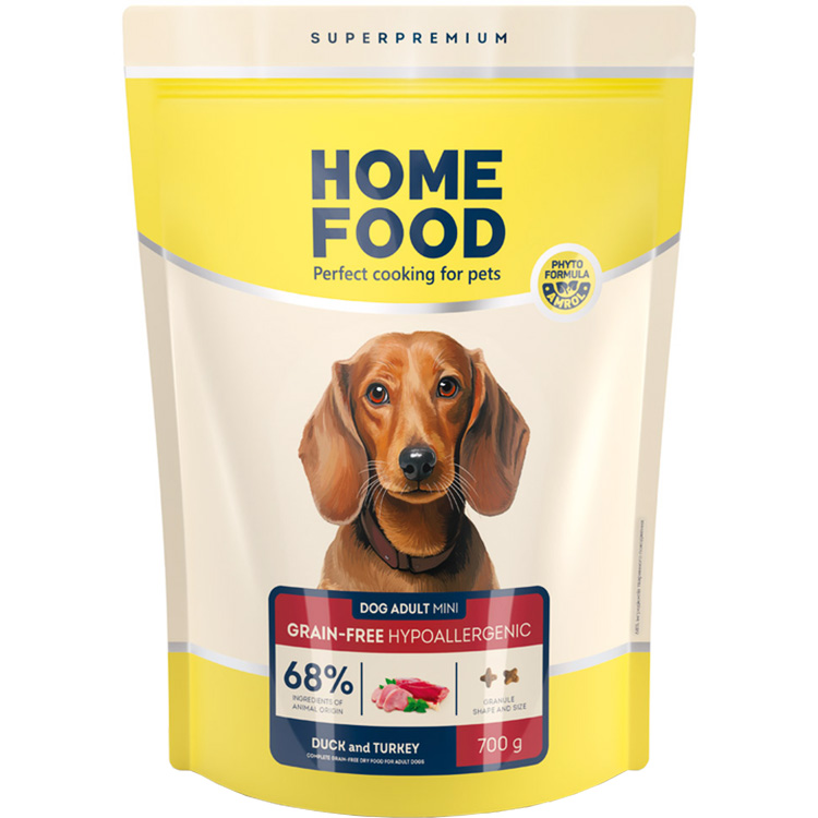 Сухой корм для собак малых пород Home Food Dog Adult Mini беззерновой гипоаллергенный с уткой и индейкой 700 г - фото 1