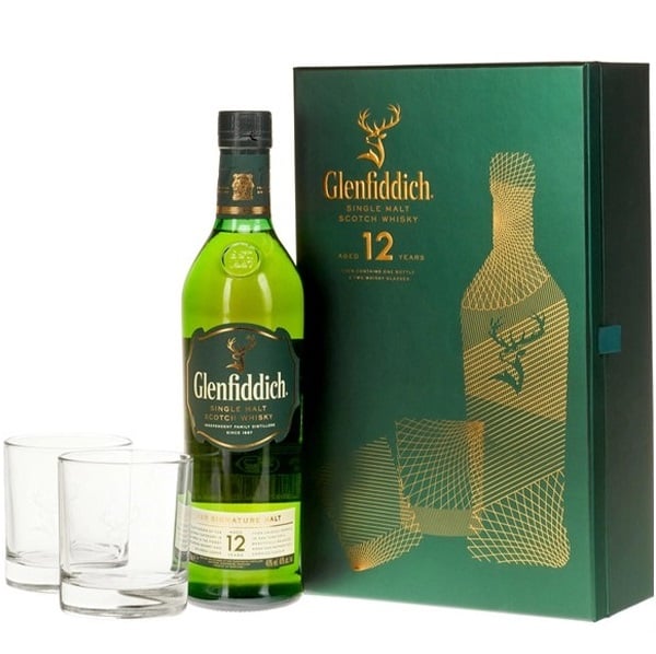 Виски Glenfiddich Single Malt Scotch, 12 лет + 2 стакана, 40%, 0,7 л - фото 1
