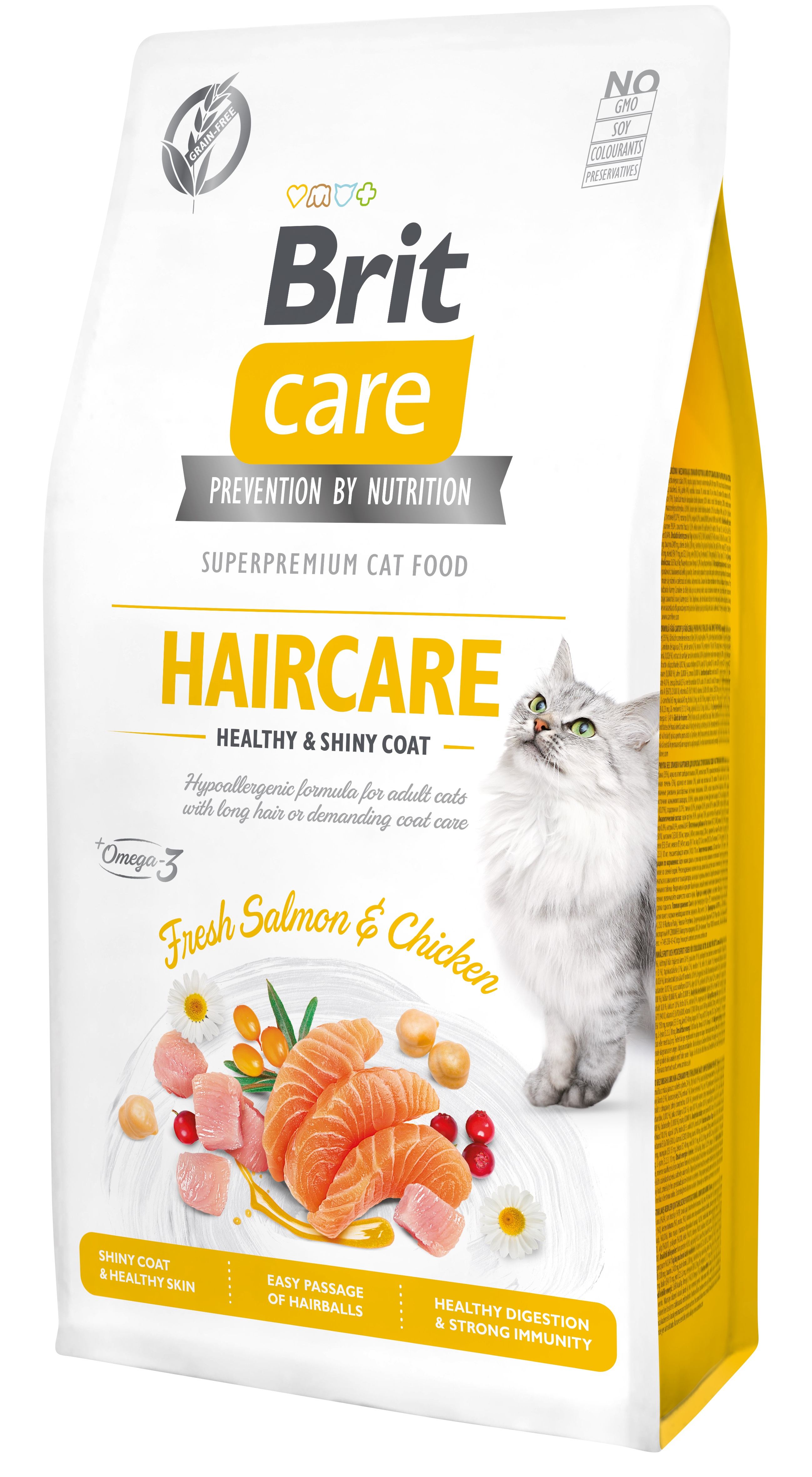 Беззерновой сухой корм для кошек требующих ухода за кожей и шерстью Brit Care Cat GF Haircare Healthy&Shiny Coat, с лососем и курицей, 7 кг - фото 1