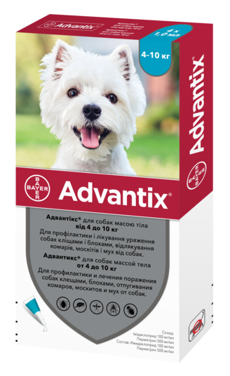 Капли Bayer Адвантикс от блох и клещей, для собак от 4 до 10 кг, 1 пипетка - фото 1