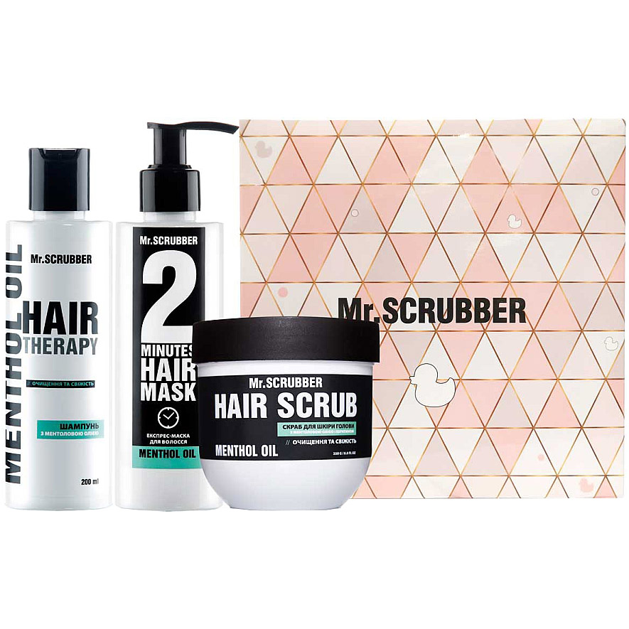 Подарунковий набір Mr.Scrubber Menthol Oil Об'єм та свіжість: шампунь для волосся 200 мл + експрес-маска для волосся 200 мл + скраб для шкіри голови та волосся 250 г - фото 1