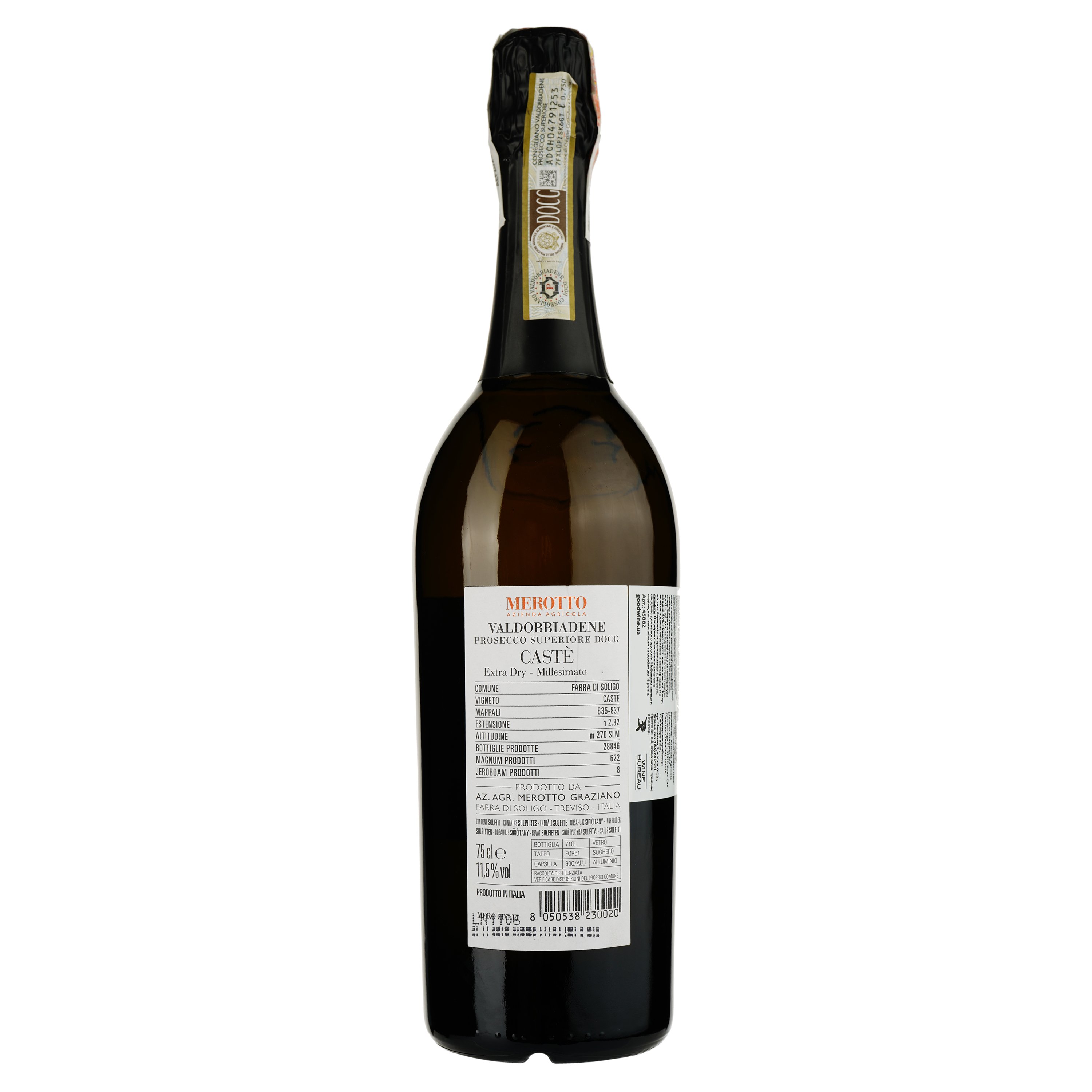 Вино ігристе Merotto Caste Prosecco Superiore Extra Dry Millesimato, біле, екстра-сухе, 0,75 л (45882) - фото 2